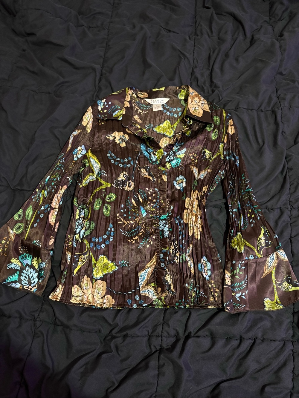 Allison Taylor Brown Floral Button-Down Blouse with Blue & Green Accents